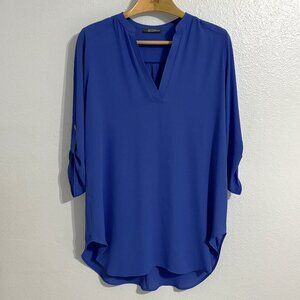 Allison Joy Blue V-Neck Tunic Top L 3/4 Ruched Sleeve Blouse Evereve Minimalist